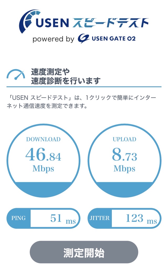 楽天モバイルの速度テスト結果(オフィス・平日19時ごろ・下り46.84Mbps)